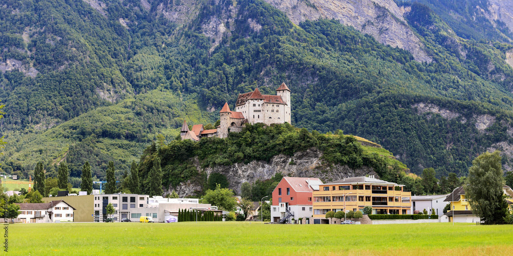 Panorama of the medieaval castle on the rock Gutenberg Castle in Balzers, Liechtenstein.
