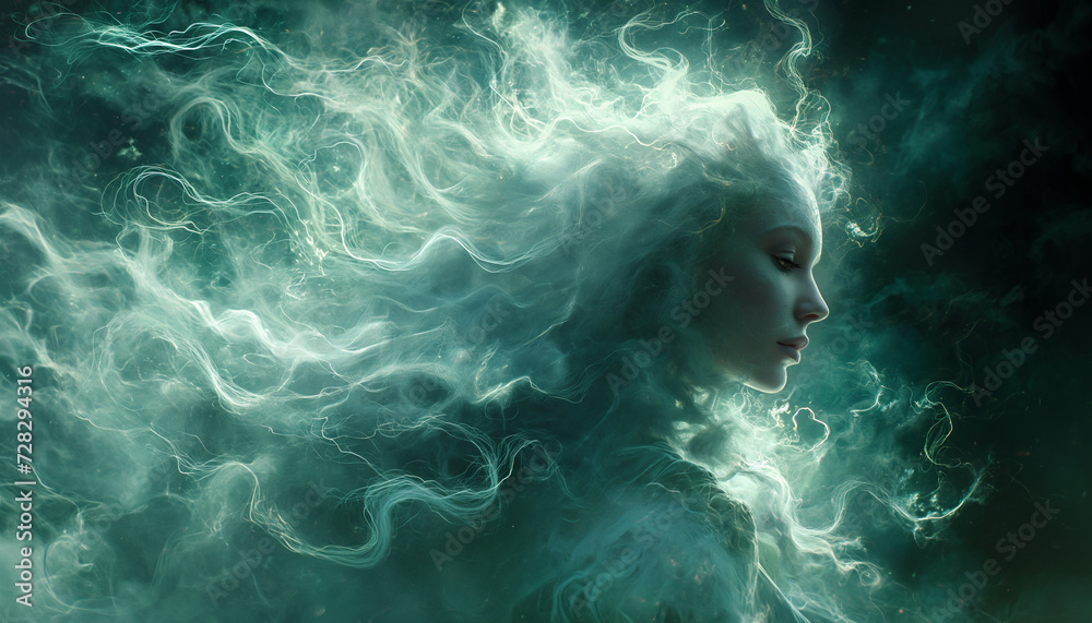 Ethereal Beauty: Woman's Face with Luminous White Hair, Veiled in Misty Threads, Smoky, in Greenish-White Palette