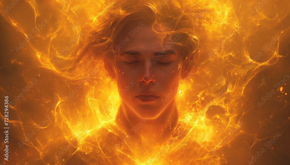 Dreams Ablaze: Young Man with Closed Eyes, Lost in Dreaminess, Surrounded by Golden Flames