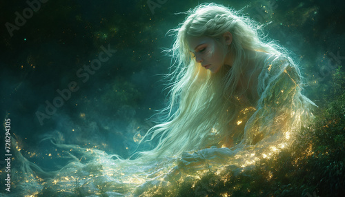 Celtic Enchantment: Pretty Woman with Long Blonde Hair, Emitting Glowing Sparks, Nestled in Mossy Woods photo