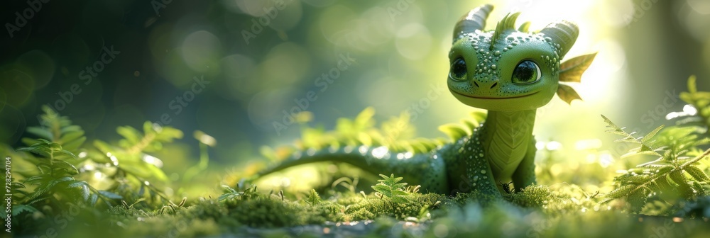 3D model of a whimsical dragon character amidst lush greenery, offering a sense of scale and making the character seem part of a miniature world