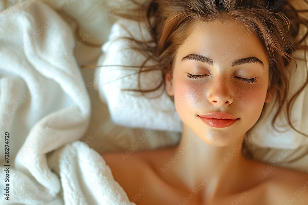 Beautiful young woman enjoying massage in spa salon. Relaxed brunette girl lying on massage bed with closed eyes during spa treatment procedure. Beauty treatment, skin care, wellbeing, Beautiful young woman enjoying massage in spa salon. Relaxed brunette girl lying on massage bed with closed eyes during spa treatment procedure. Beauty treatment, skin care, wellbeing,