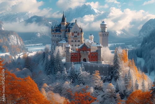 Fall's Frosty Castle A Majestic Medieval Masterpiece Generative AI photo