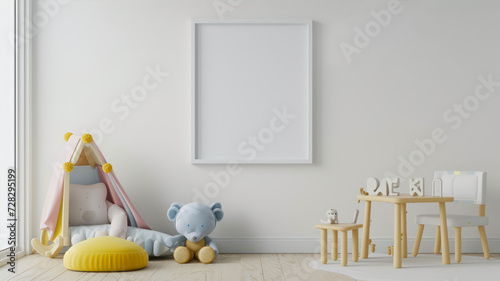 Mock up poster frame in children room interior background