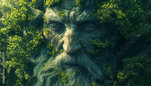 Sleepy Wisdom  Elderly Man s Face with Drowsy Eyes  Grey Beard  Adorned in Ivy  Immersed in Lush Green Hues