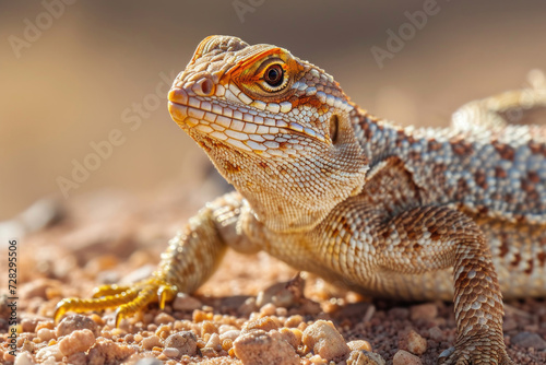 A striking close-up of a lizard in the sandy desert  showcasing nature s intricate details