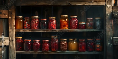 Rustic home pantry with variety of preserved foods in glass jars. traditional canning, homestead lifestyle. AI