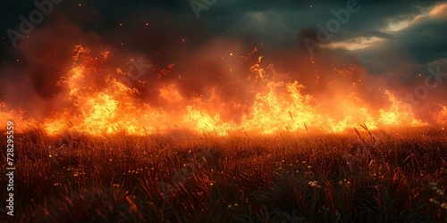 Dramatic fiery landscape, intense flames engulfing field. captivating natural disaster scene. high-quality fire image. AI