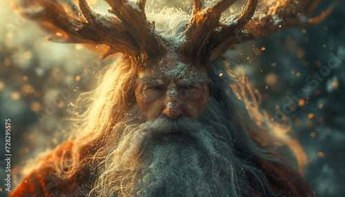 Cernunnos Awakens: Elderly Man with Antlers, Silver Beard, and Long White Hair, Amidst Falling Snowflakes, in a Wintry Celtic Setting © artefacti