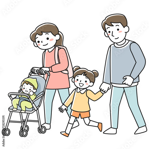 お出かけする子連れの4人家族