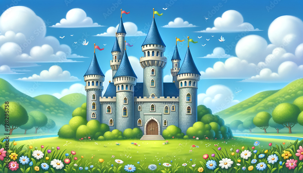 Illustration of a charming castle for kids' adventure stories, surrounded by a picturesque field of flowers and greenery.
Generative AI.