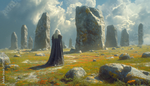 Epic Celtic Ritual: Elderly Woman Amidst Megaliths