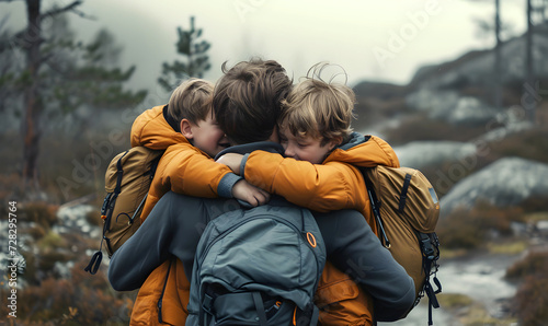 Father with his young sons outdoor. Relationship between parents and children. photo