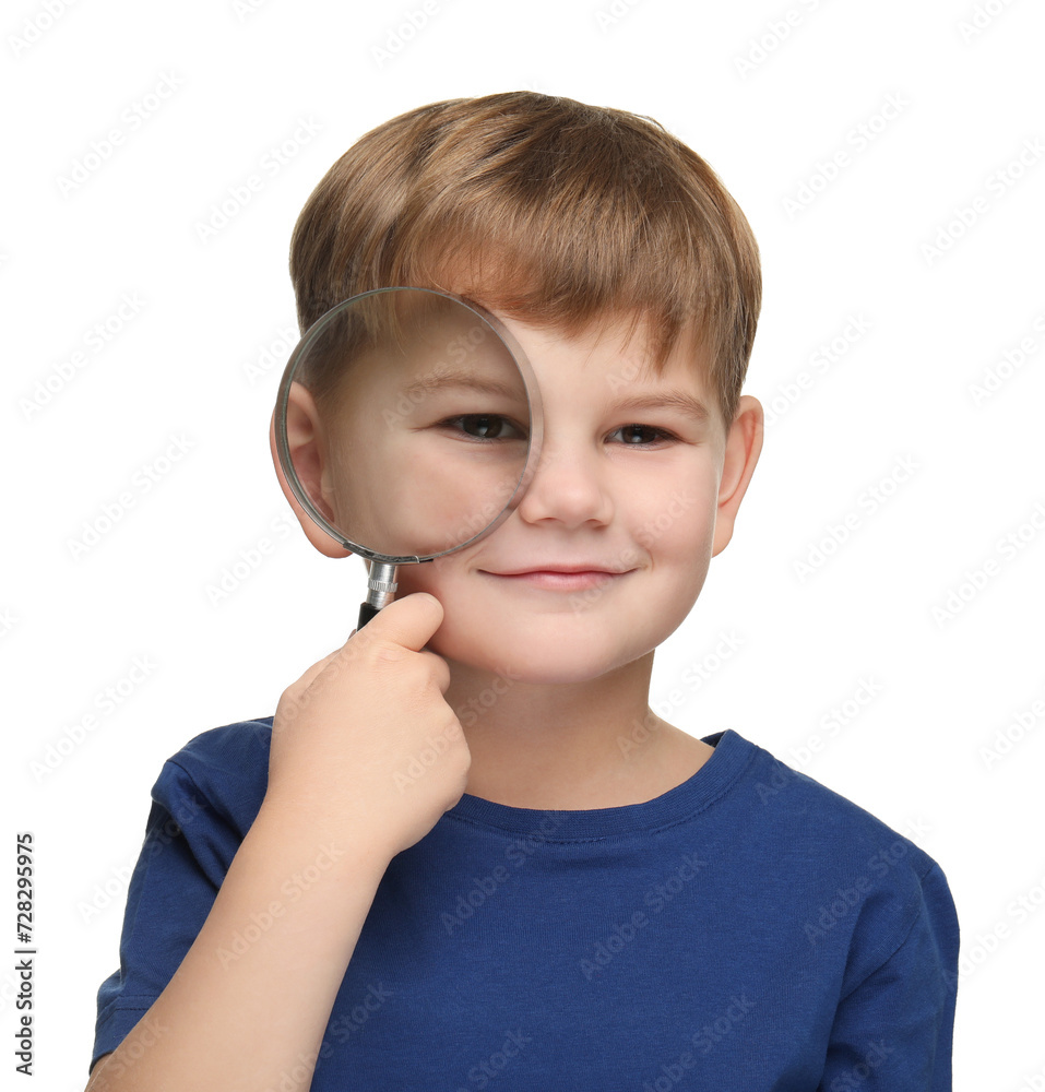 Little boy with magnifying glass on white background Little boy with magnifying glass on white background