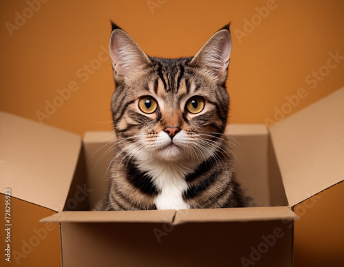 Cat resting in cardboard box in a home environment during the day for comfort and security. The cat is attracted to confined spaces and finds shelter and safety in the box