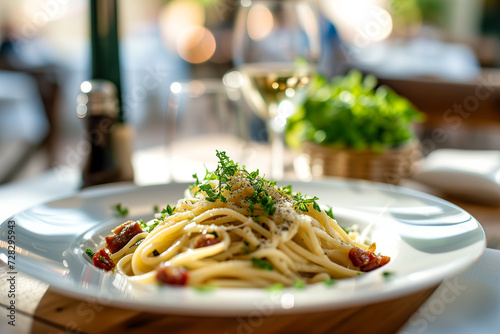 Spaghetti alla Carbonara meal eating pasta lunch with cheese and a glass of wine © Markus Mainka