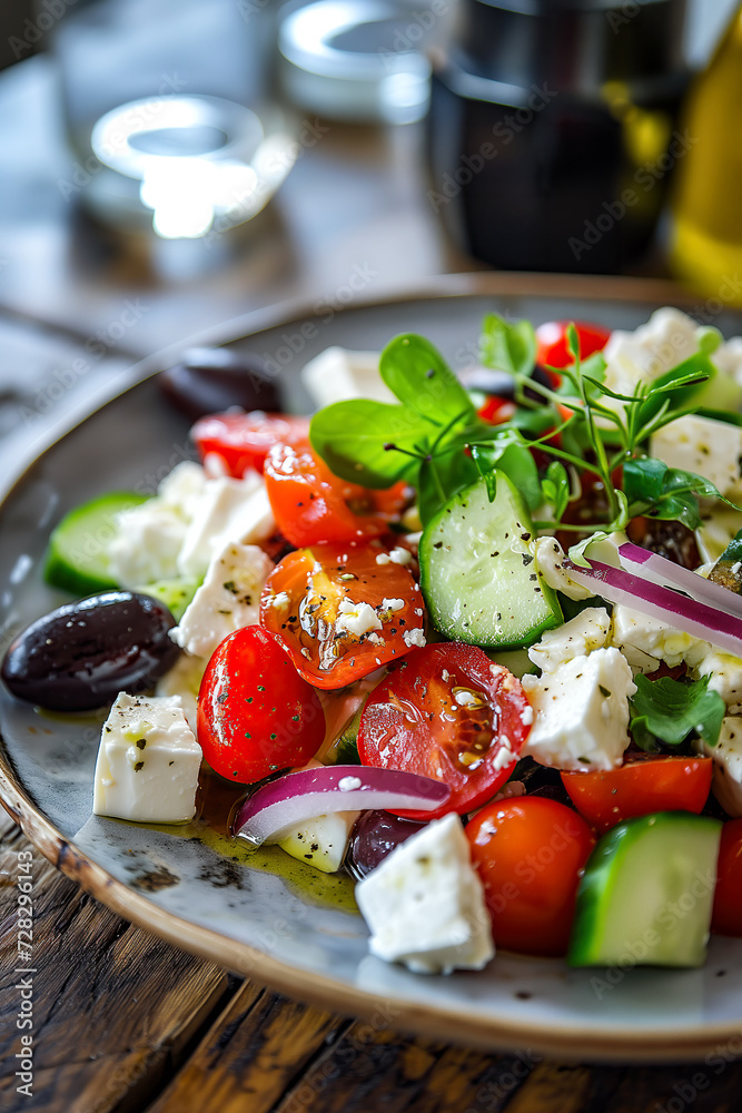 Greek salad with feta cheese tomatoes olives and cucumber on a plate portrait format Greek salad with feta cheese tomatoes olives and cucumber on a plate portrait format