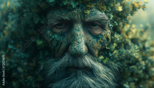 Ivy-Kissed Sage  Elderly Man s Face with Resigned Gaze  Grey Beard  Entwined with Ivy  Bathed in Deep and Warm Greens