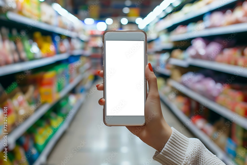 white smartphone screen in woman's hand isolated on supermarket background