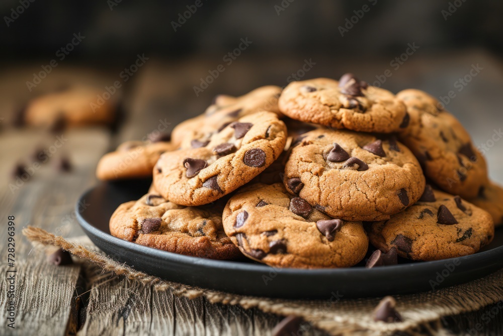 Front view of a chocolate chip cookies heap on a rustic wooden table. 