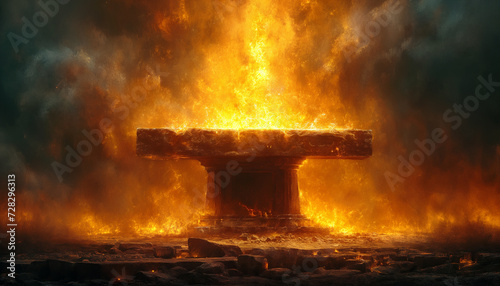 Ancient Stone Anvil Ablaze with Flames