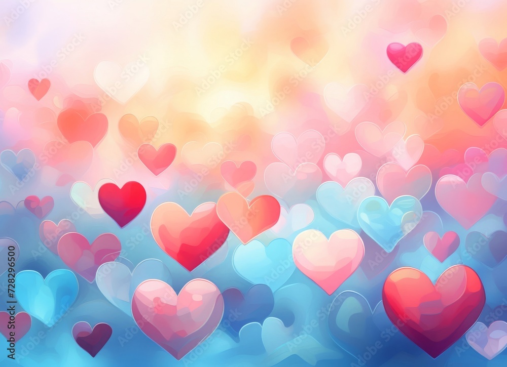 many hearts are on the colorful background with bokeh