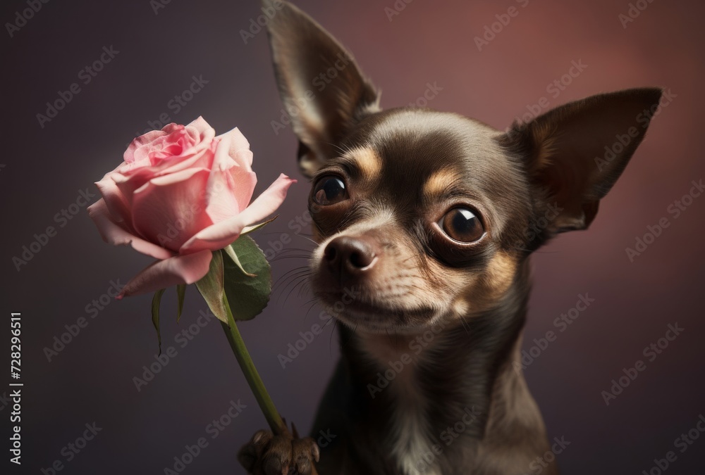 a dog holding up a flower in front of him with the camera