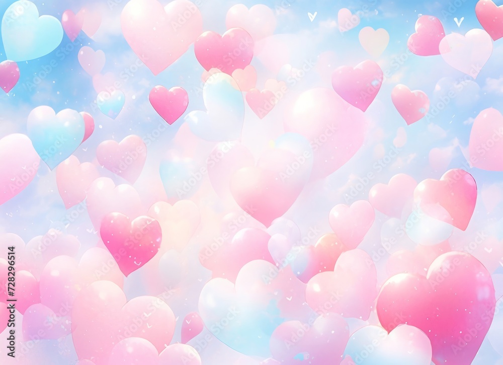 the sky filled with many pink and blue balloons floating in it