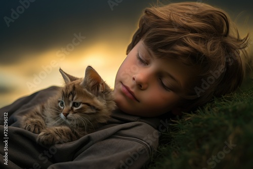 A boy laying on the grass with a cat. Generative AI.