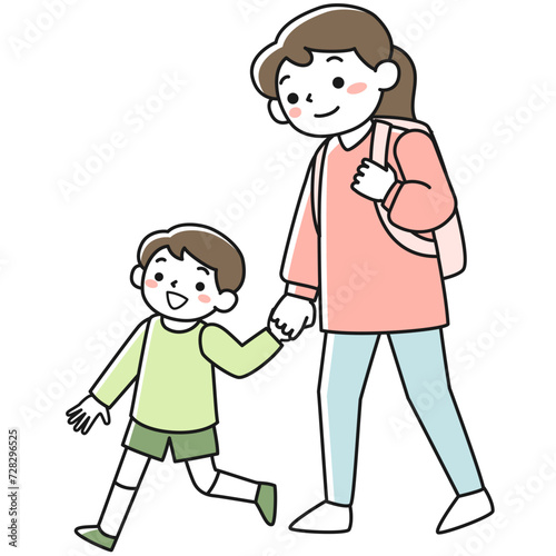 手をつないで歩く男の子と母親