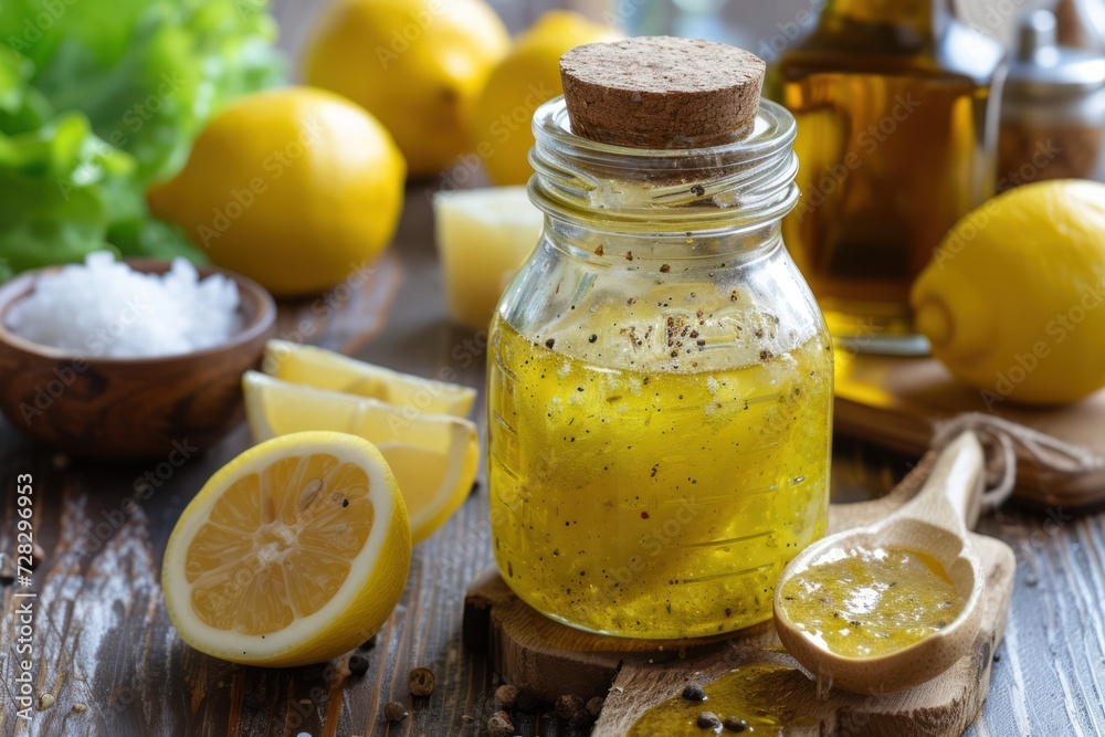 Front view of a jar filled with lemon vinaigrette dressing on rustic wooden table. Front view of a jar filled with lemon vinaigrette dressing on rustic wooden table.