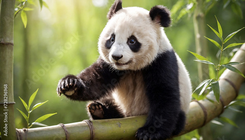Panda baby mastering her balancing skills on a bamboo tree © CreativeStock