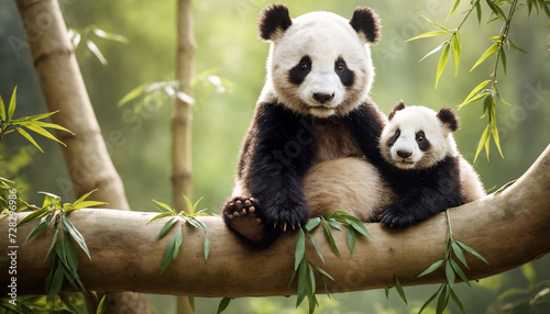 Panda baby mastering balancing skills with her father through playing on a bamboo tree