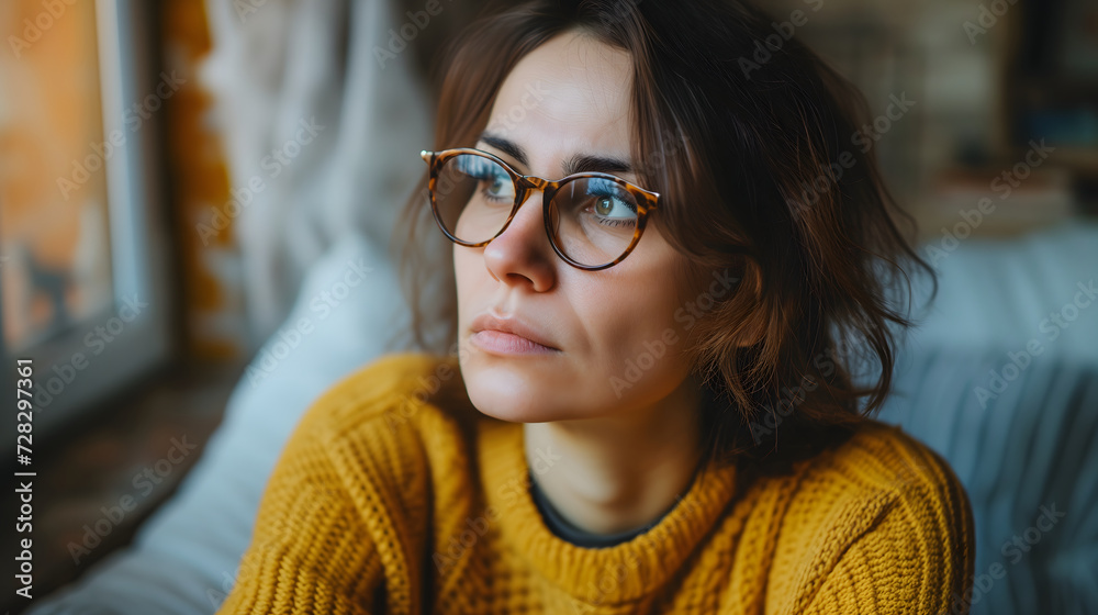 Thoughtful Woman in Glasses Looking Out Window Thoughtful Woman in Glasses Looking Out Window