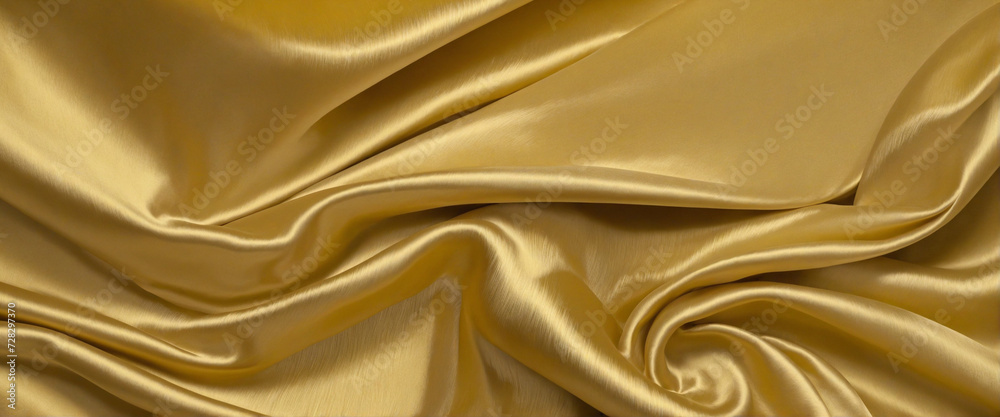 Fototapeta premium Yellow silk satin. Draped fabric. Golden color. Luxury background. Space for design. Template. Flat lay, top view 