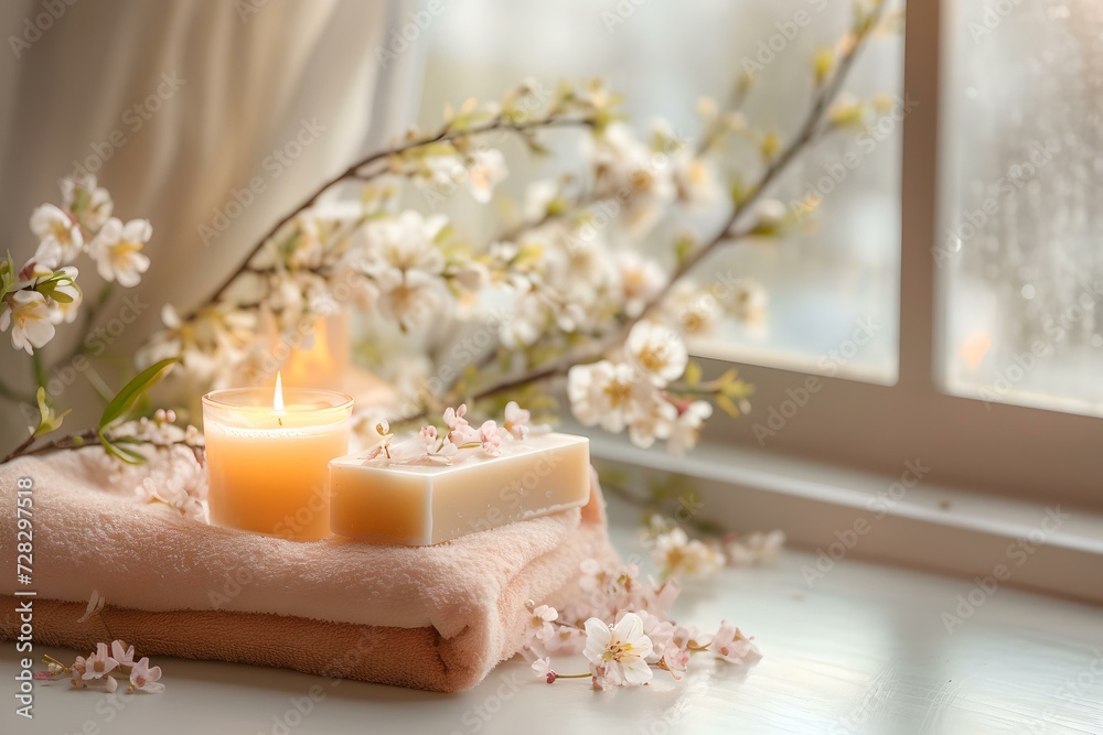 Cozy home atmosphere with candles and blossoms by the window. perfect image for relaxation and interior design themes. AI Cozy home atmosphere with candles and blossoms by the window. perfect image for relaxation and interior design themes. AI
