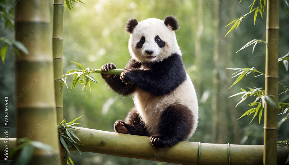 Panda baby mastering her balancing skills on a bamboo tree