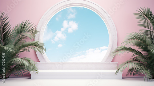 White podium in the room with palm trees and blue sky. 3d rendering
