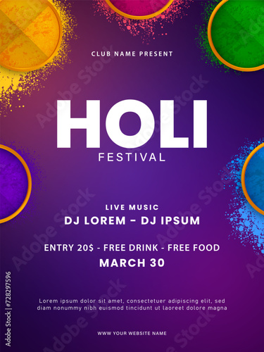 Holi party poster design. Holi celebration flyer design with colorful holi powder. Indian Festival of Colors. Vector illustration