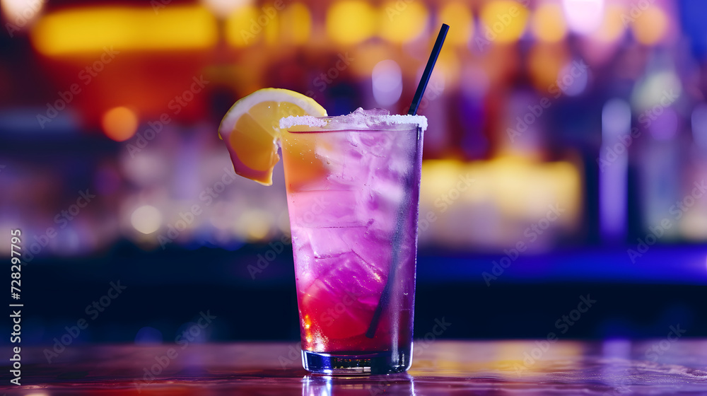 Colorful Cocktail with Lemon Garnish in a Bar Setting Colorful Cocktail with Lemon Garnish in a Bar Setting