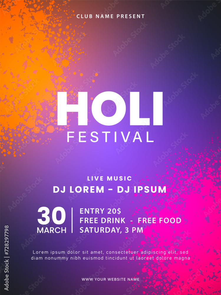 Holi festival poster design. Colorful Holi celebration flyer template. Indian Festival of Colors. Vector illustration Holi festival poster design. Colorful Holi celebration flyer template. Indian Festival of Colors. Vector illustration