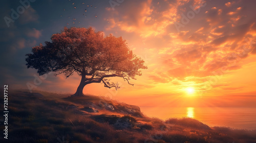 Solitary Tree on a Hillside at Sunrise with Flock of Birds in Flight