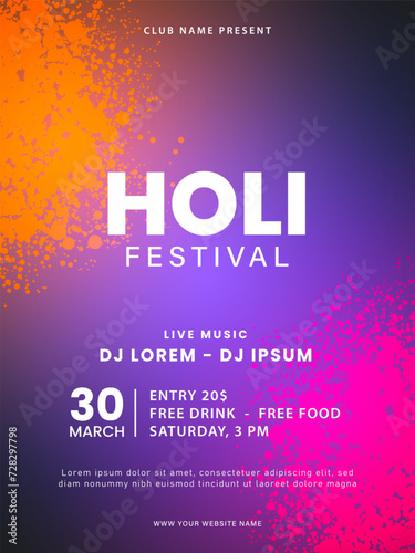 Holi festival poster design. Colorful Holi celebration flyer template. Indian Festival of Colors. Vector illustration