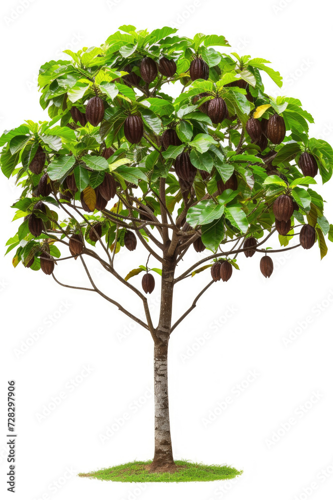 Cocoa tree with fruits isolated on white background