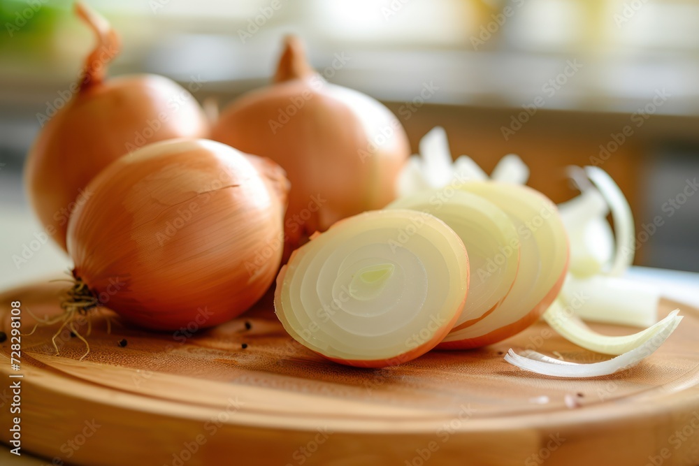 Front view of a sliced golden onion on a wooden cutting board with a defocused kitchen background.
