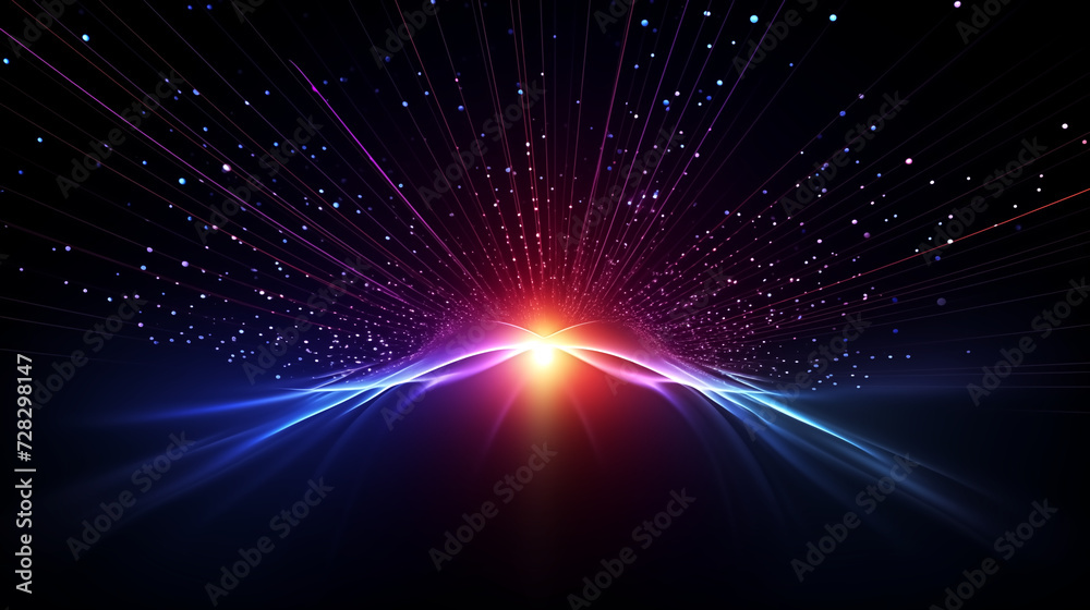 Fototapeta premium Rays or lines with glowing particles fly out of black hole. Abst