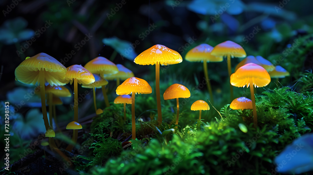 Fototapeta premium Illuminated Mushrooms in Enchanted Forest Scene