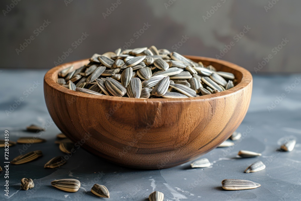 Front view of a wooden bowl full of sunflower seeds Front view of a wooden bowl full of sunflower seeds