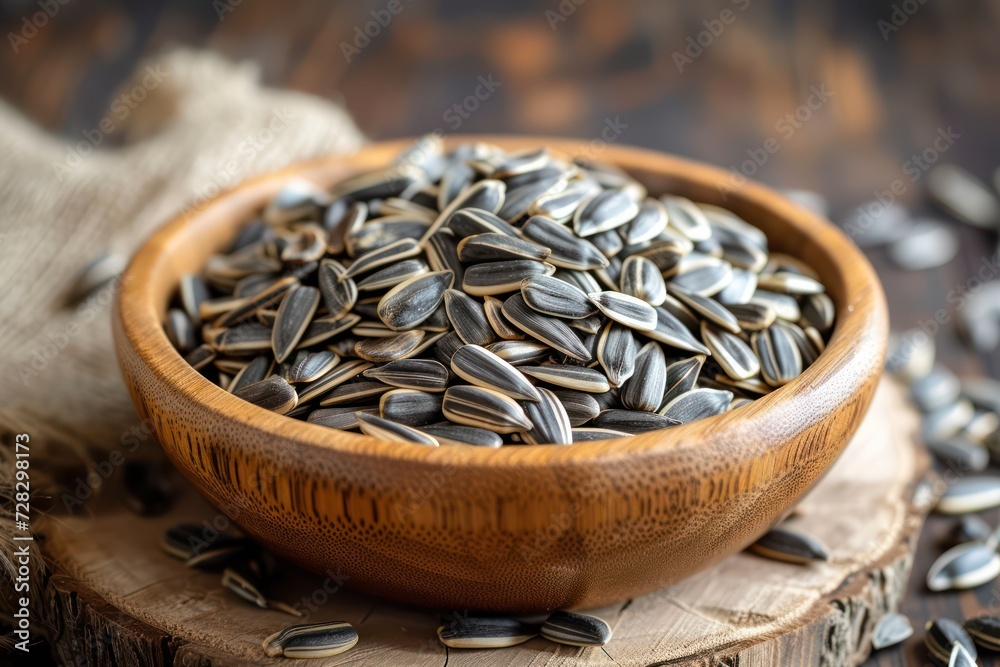 Front view of a wooden bowl full of sunflower seeds Front view of a wooden bowl full of sunflower seeds