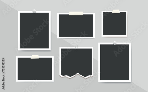 Polaroid Blank photo frames collage glued tape on gray wall. Film Photography memory template collage